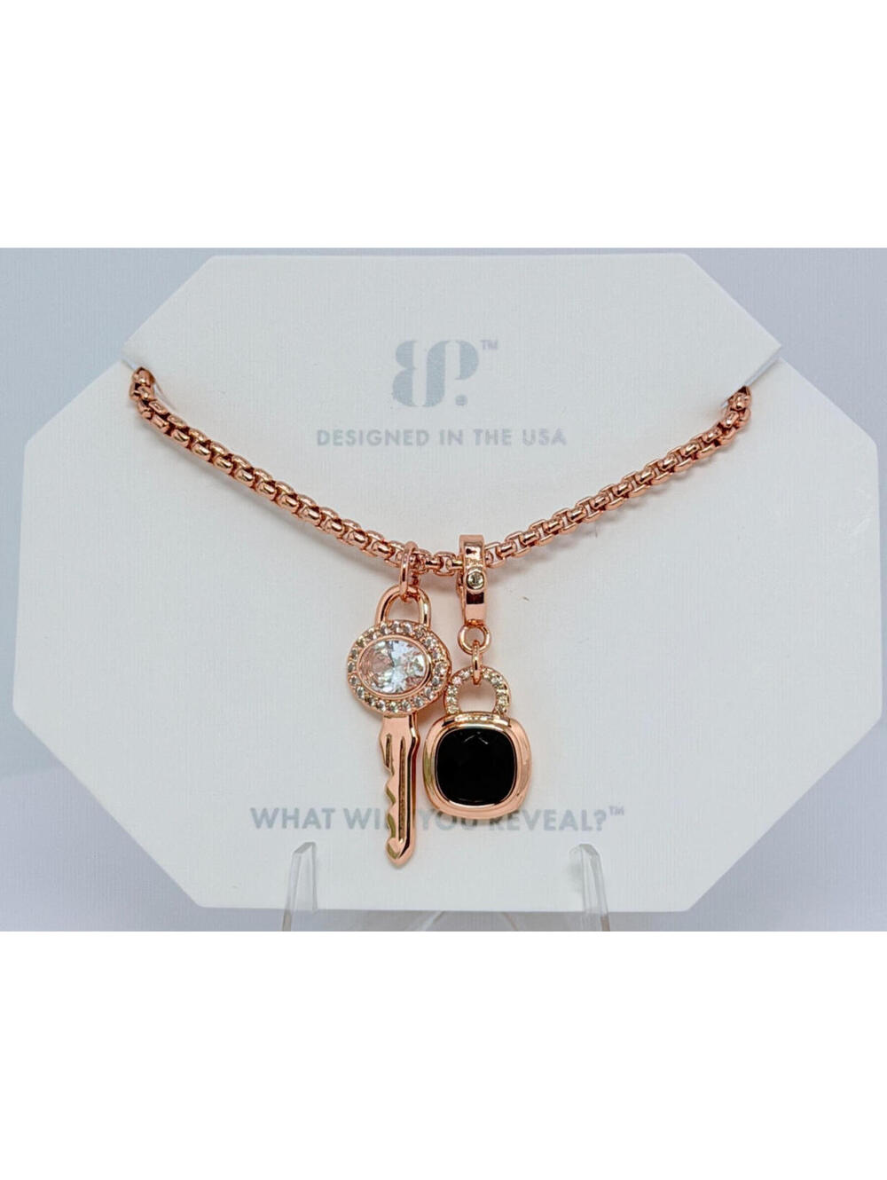 Bomb Party Necklace "The Key To Dreams" Lock & Key Black Onyx on Rose Gold